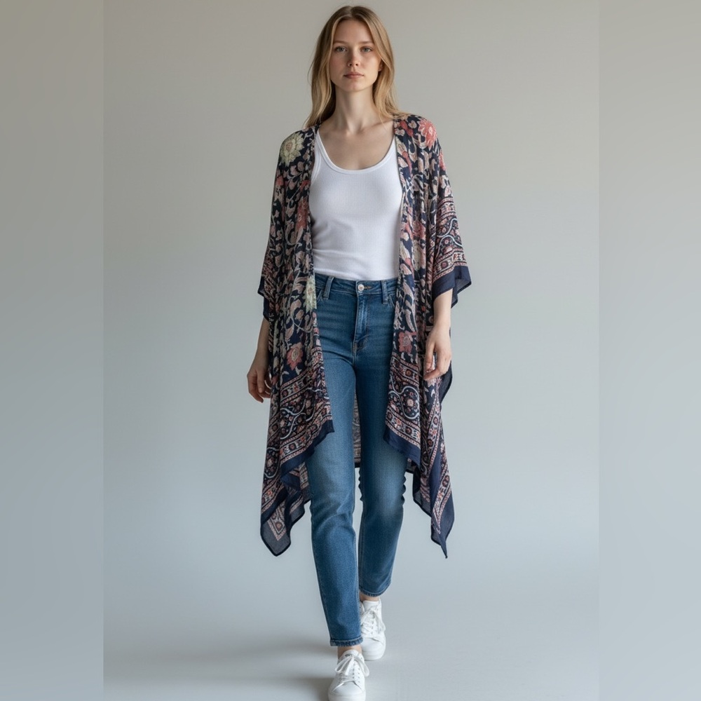 Free People All Tous Kaftan Kimono/Duster Blue Pink